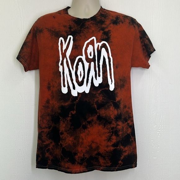 Gildan - Burnt Orange And Black Tye Dye Korn Band Graphic Short Sleeve T Size M - Picture 2 of 9